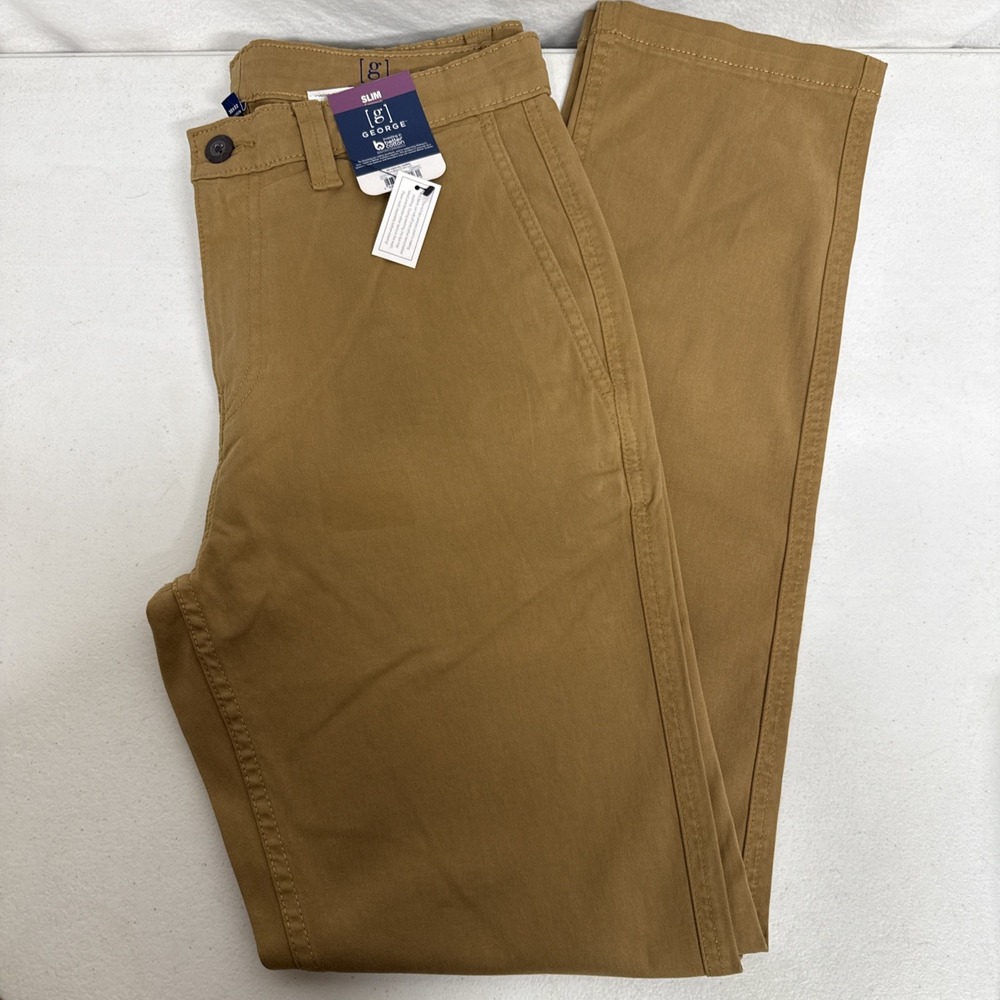 George Mens Slim Stretch Chino Pants Trailblazer Brown Cotton NWT 30X32